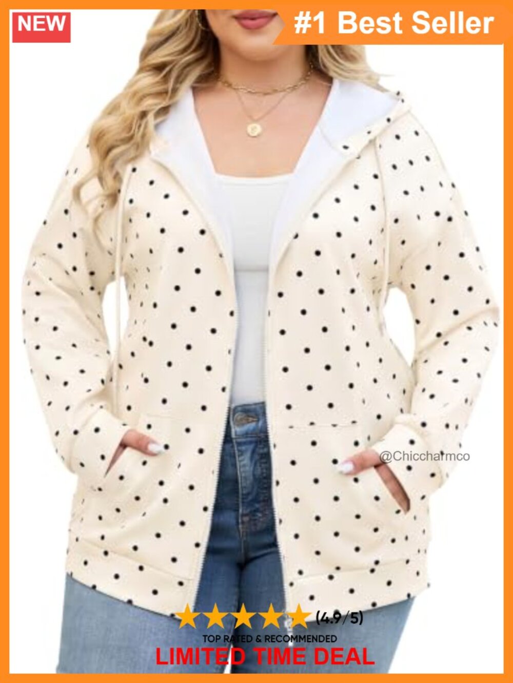 Plus Size Zip Up Hoodie Polka Dot Oversized Sweatshirt Polyester